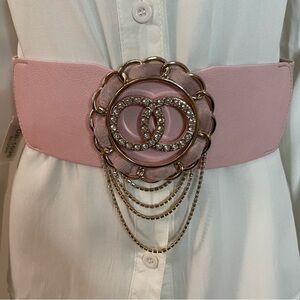 Blush pink PU leather elastic waistband belt with rhinestones details
